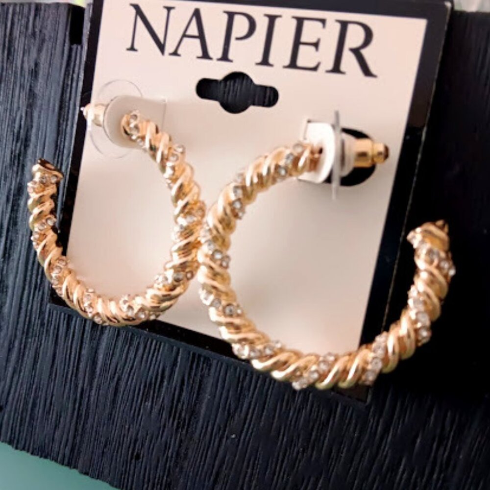 NAPIER Mod/Contemporary Gold Clear Crystal Chunky Rope Hoop Earrings**NEW! - Picture 3 of 3